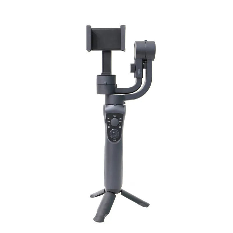 Black three-axis handheld gimbal stabilizer for mobile phones with extended battery and protective cases.