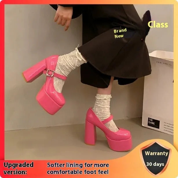 Pink waterproof platform thick heel Mary Jane shoes with PU upper and rubber sole, round head toe, sizes 33-39