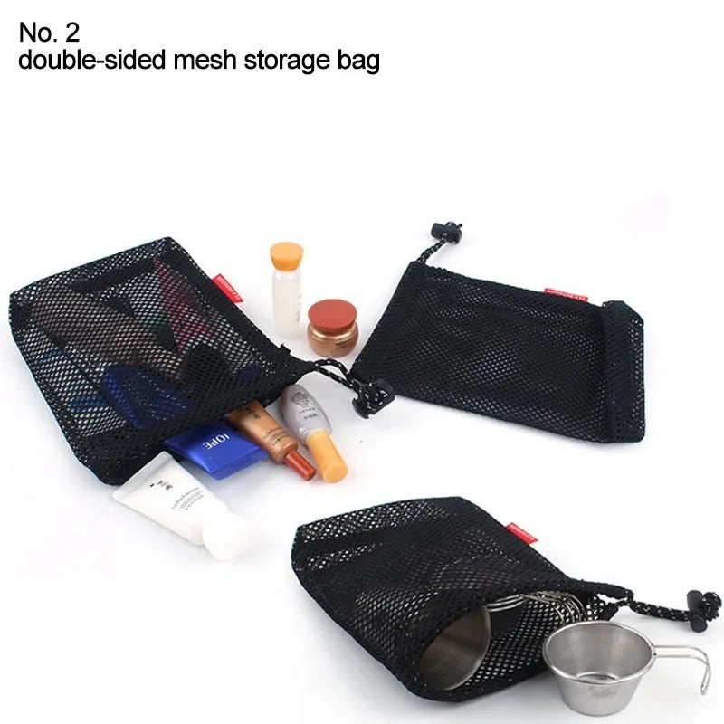 Set of five red outdoor travel storage bags with zippers made from Oxford cloth and mesh