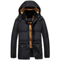 Men's black velvet padded winter jacket with hood and double-breasted front