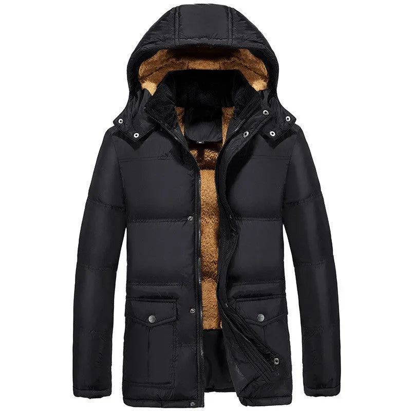 Men's black velvet padded winter jacket with hood and double-breasted front