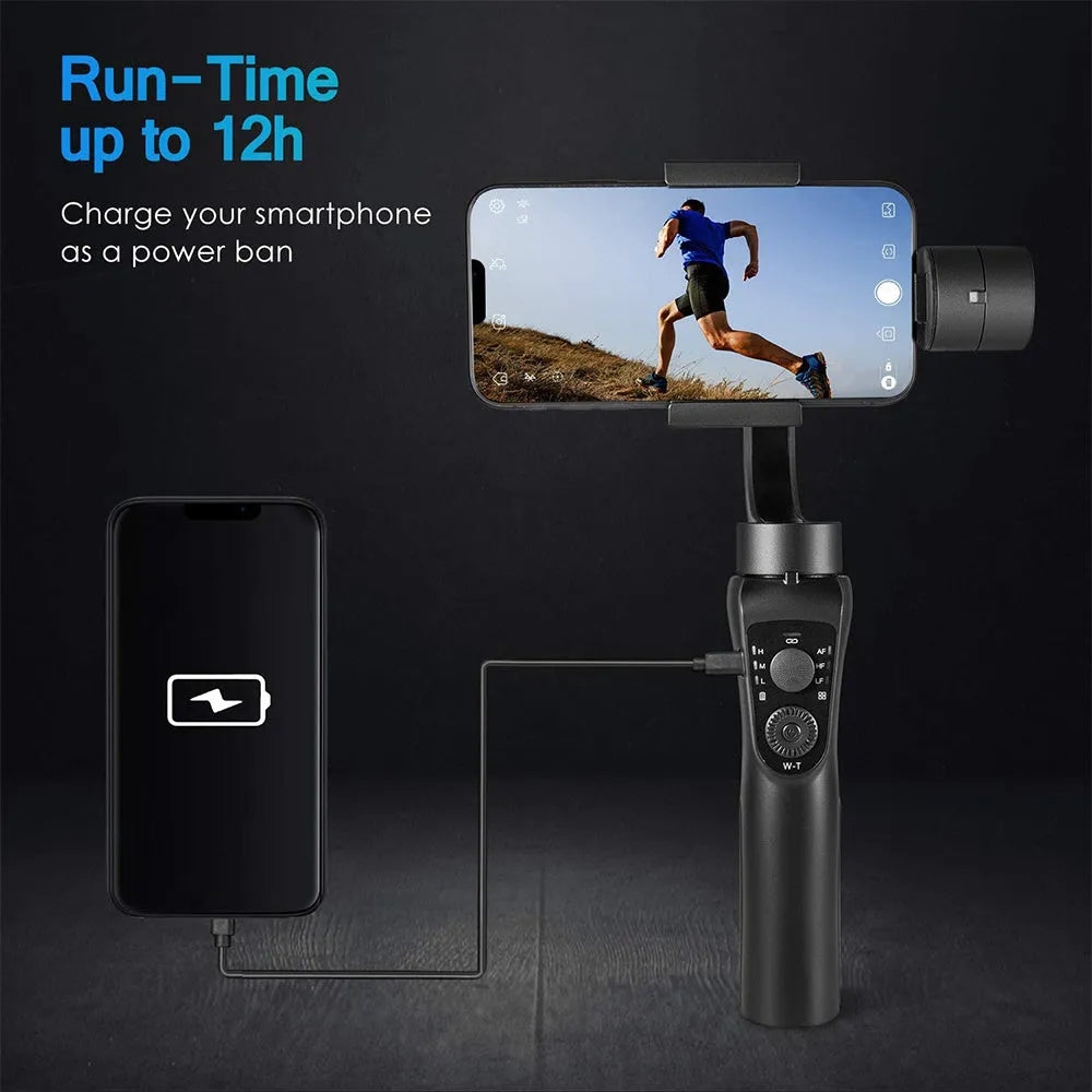 Black three-axis handheld gimbal stabilizer for mobile phones with extended battery and protective cases.