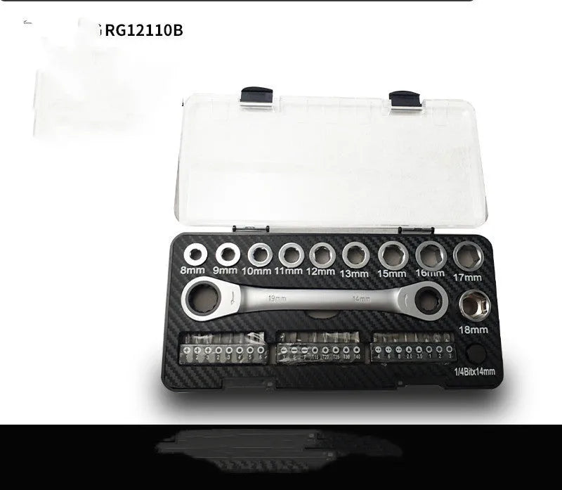 Dual-purpose ratchet wrench set with two-way mechanism, 10 sockets, and 3 batch heads on a workbench