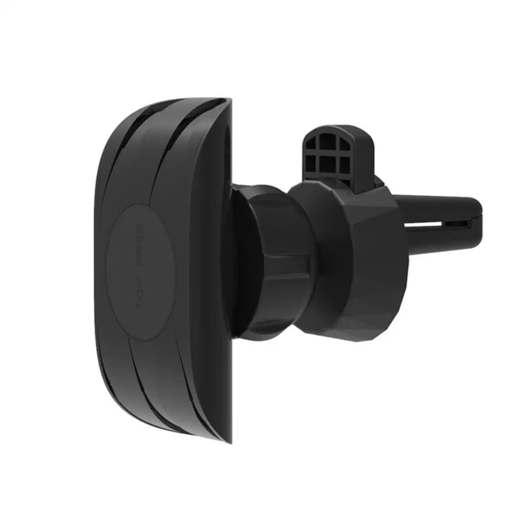 Black car phone holder mounted on car air vent with smartphone secured in adjustable clamp