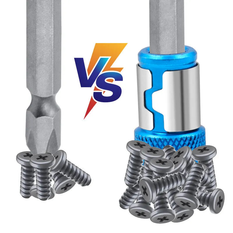 Light blue slotted screwdriver bit with a magnetic ring on a high carbon steel shaft.