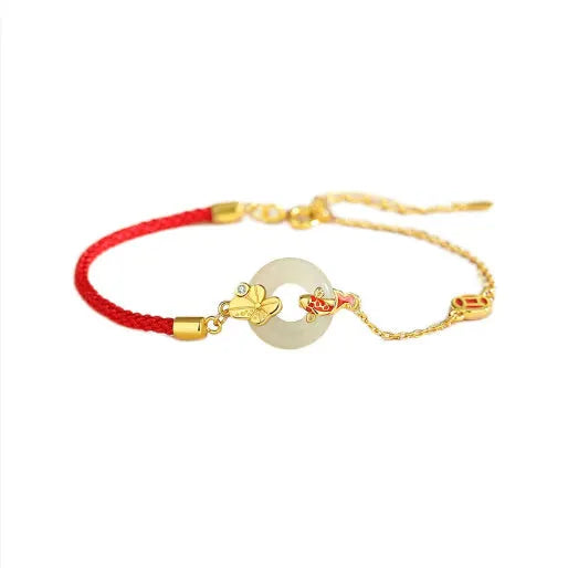 Women's gold electroplated 925 silver koi fish peace buckle bracelet with adjustable red rope