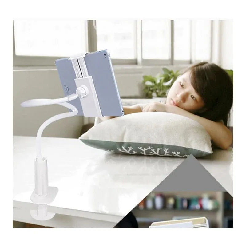 Black flexible mount holder with bendy arm and suction cup holding a mobile phone at an angle.