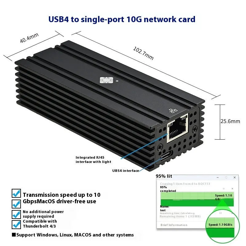 Black USB4 10G network adapter with RJ45 port and 20cm cable for Thunderbolt 3/4 devices