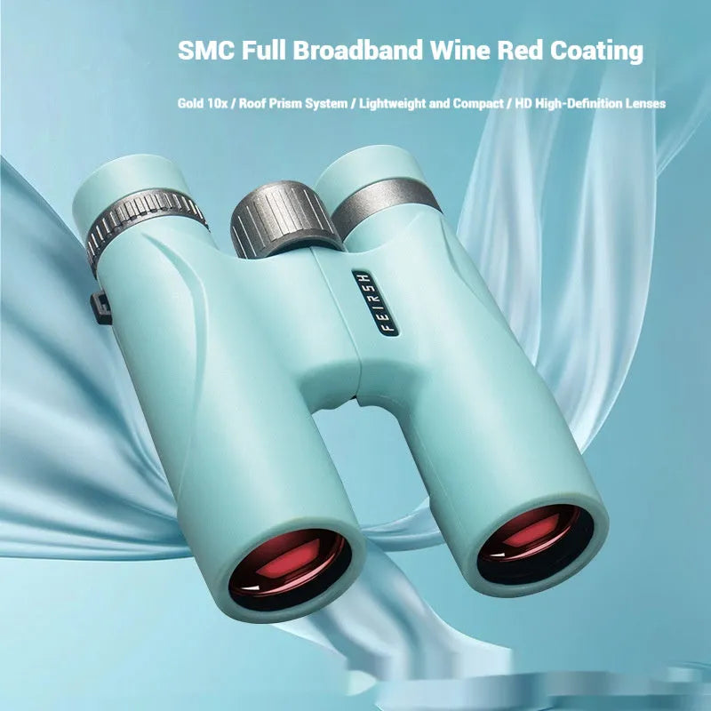 Blue and grey compact 10x32 binoculars with wine red film lenses on a plain background.