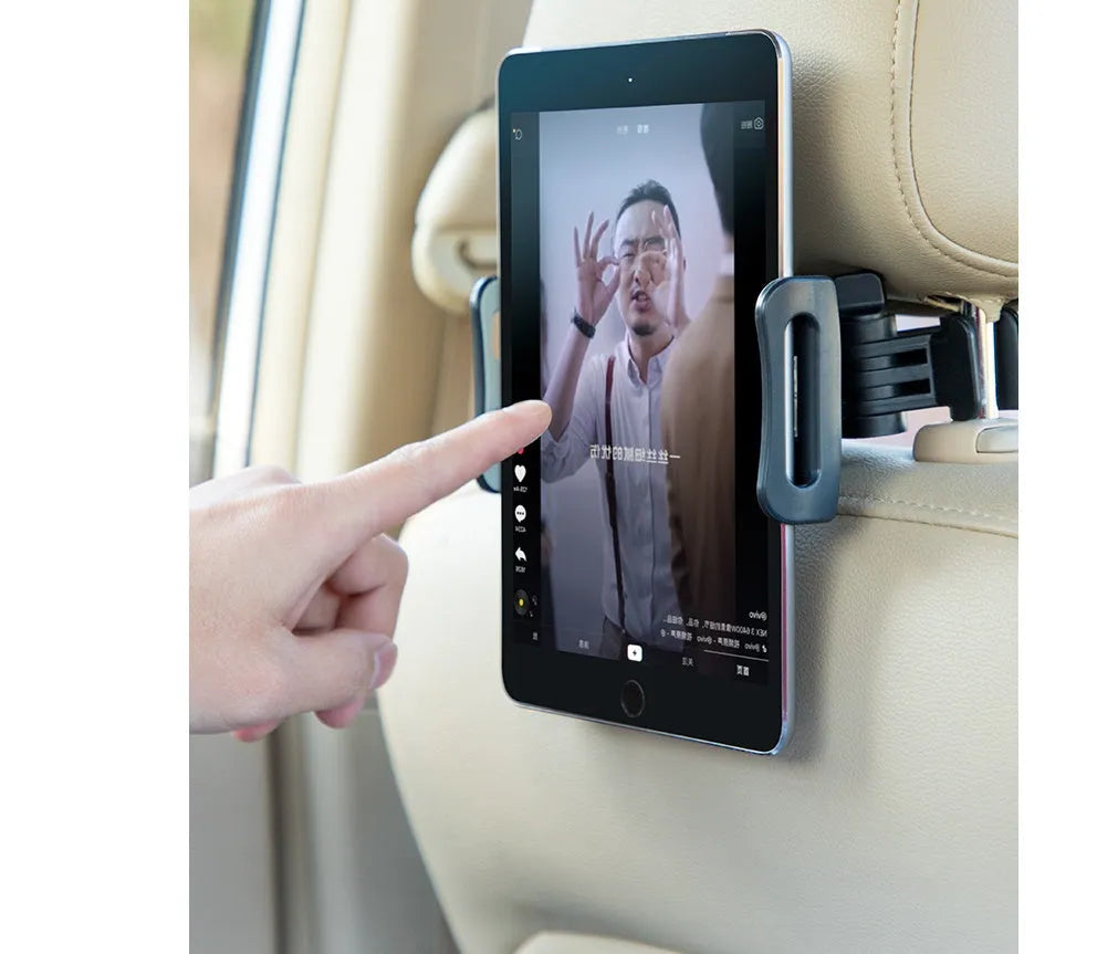 Black universal car phone and tablet holder with snap-in base for mounting on rear car seats.