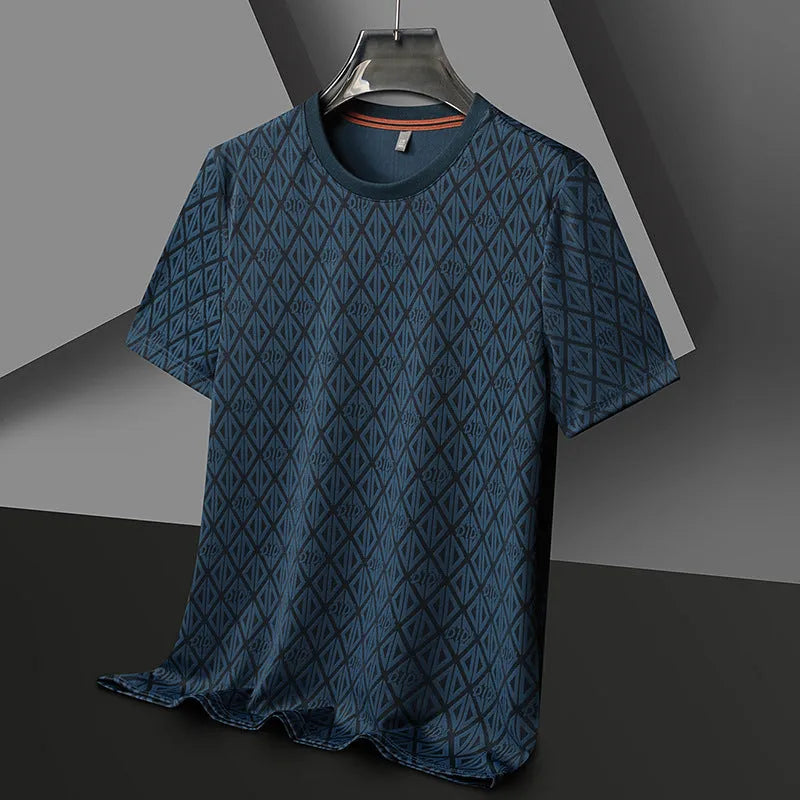 Man wearing a loose-fit ice silk jacquard short sleeve top in a solid colour.