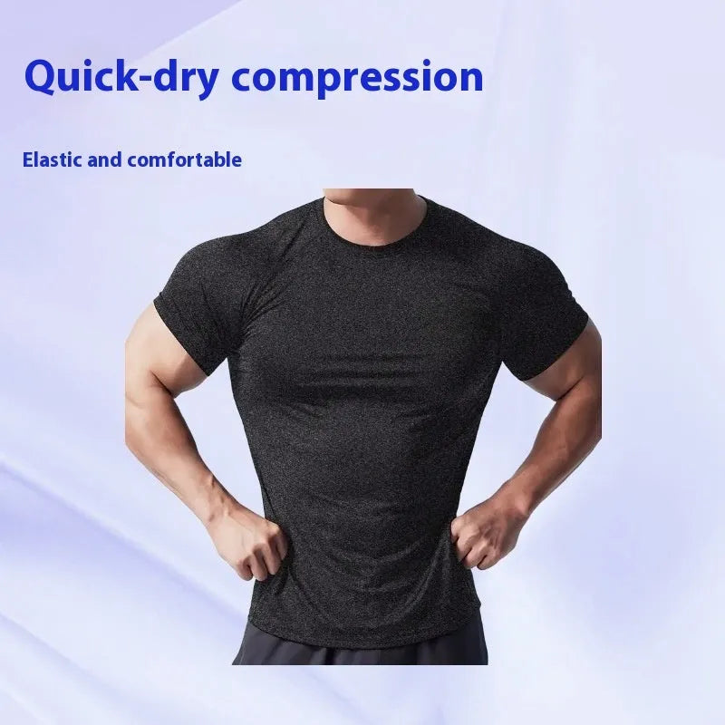 Men's tight stretch quick-dry round neck short sleeve T-shirt in black casual running wear