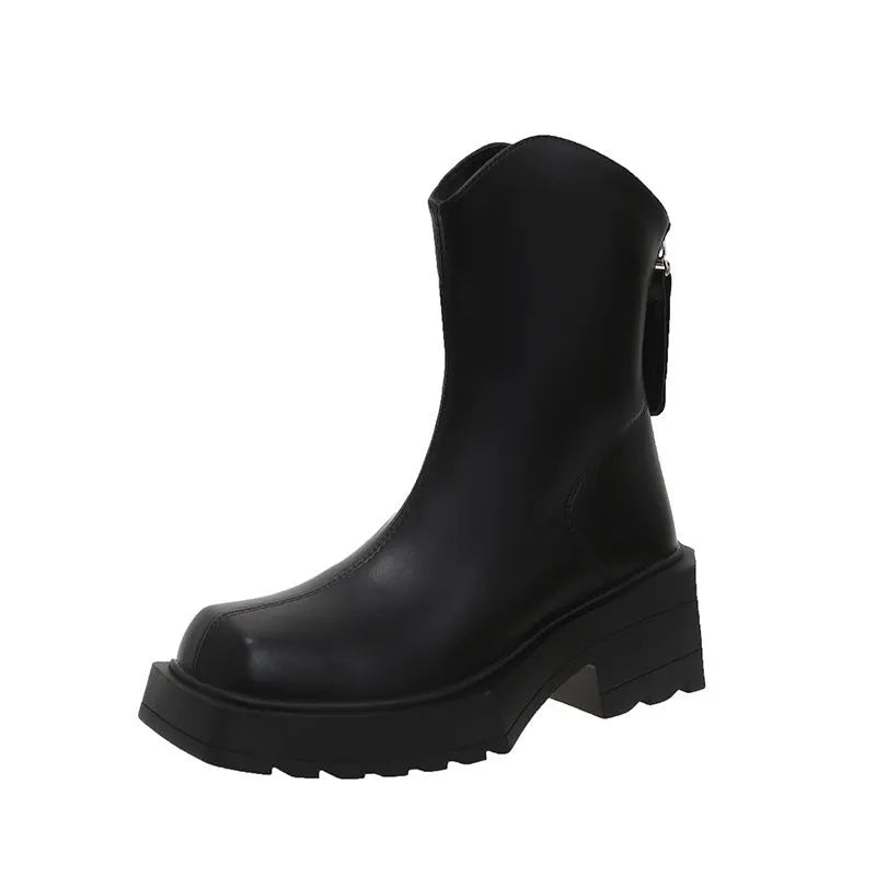 Black platform Martin boots for women with a square toe, back zipper, and a high heel.