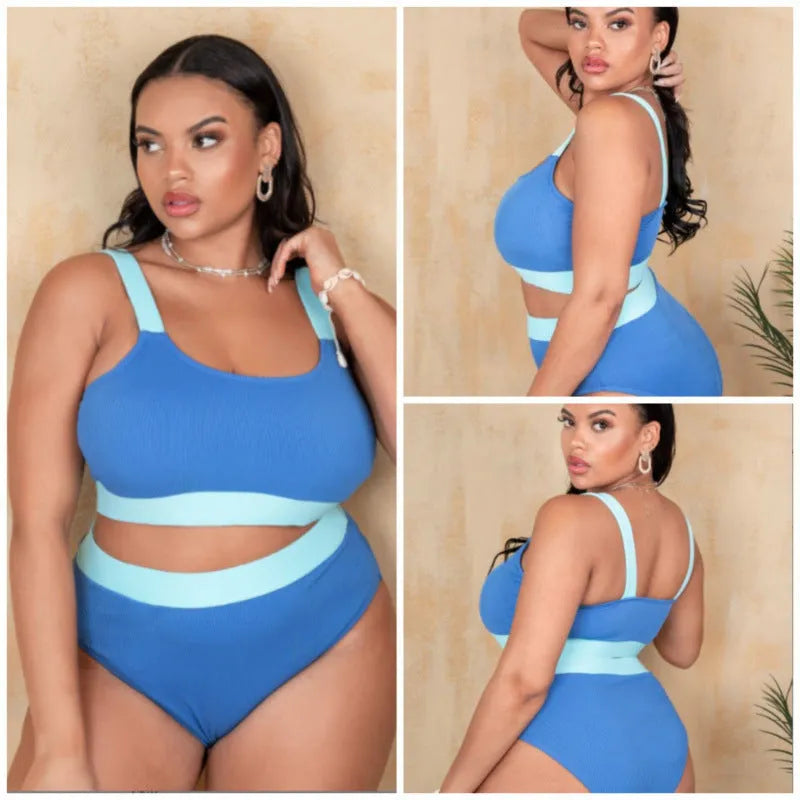 Women's high-waisted bikini set in pure colour polyester fabric with bandeau top