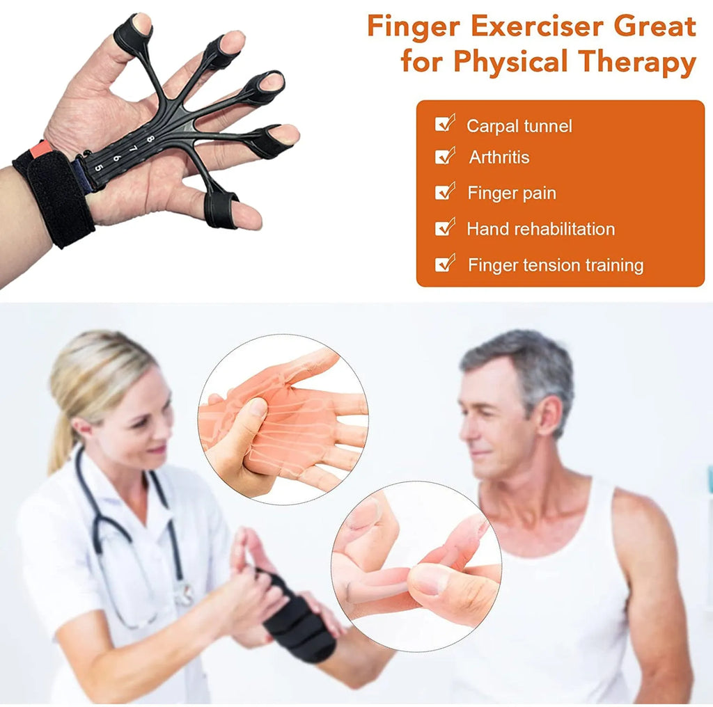 Black silicone finger trainer with adjustable belt for hand rehabilitation exercises