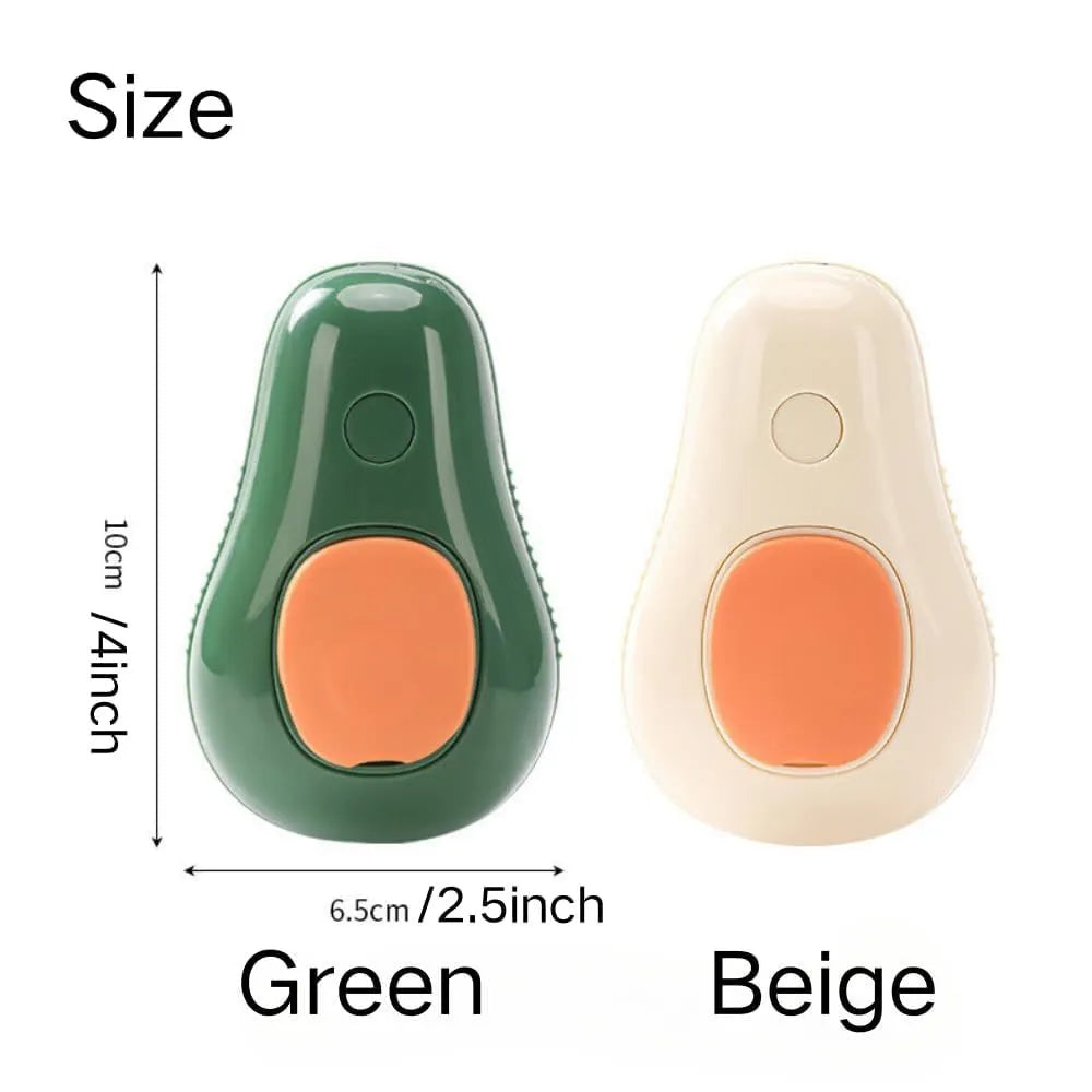 Green and white rechargeable cat steam brush with silicone teeth, shown with water spray function.