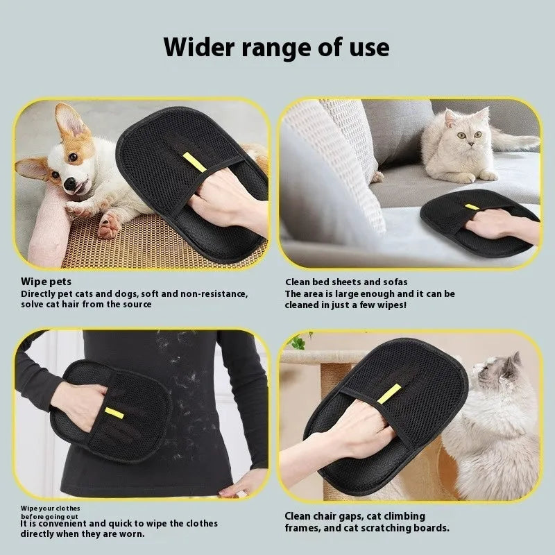 Black pet hair remover gloves with dual-sided silicone bristles for dog cat rabbit grooming