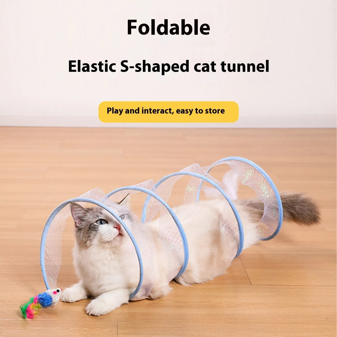 S-shaped cat tunnel toy with steel frame, elastic net sides and feather attachments