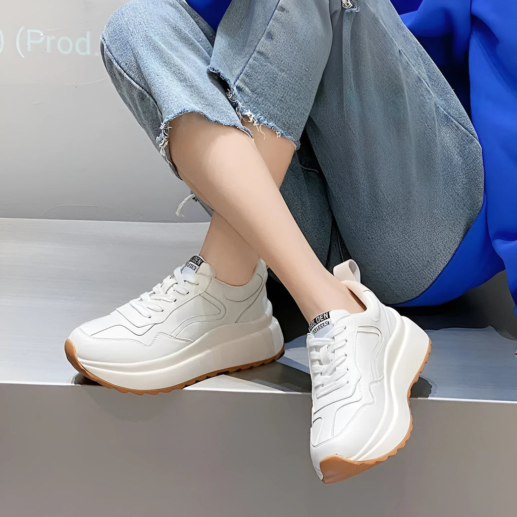 Women's beige low-top casual leather sports shoes with cross-strap and round toe
