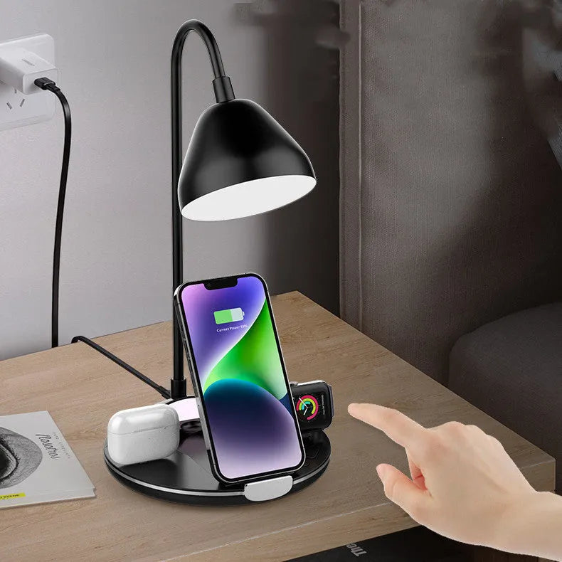 Black magnetic folding wireless charger showing adjustable stand position with USB cable