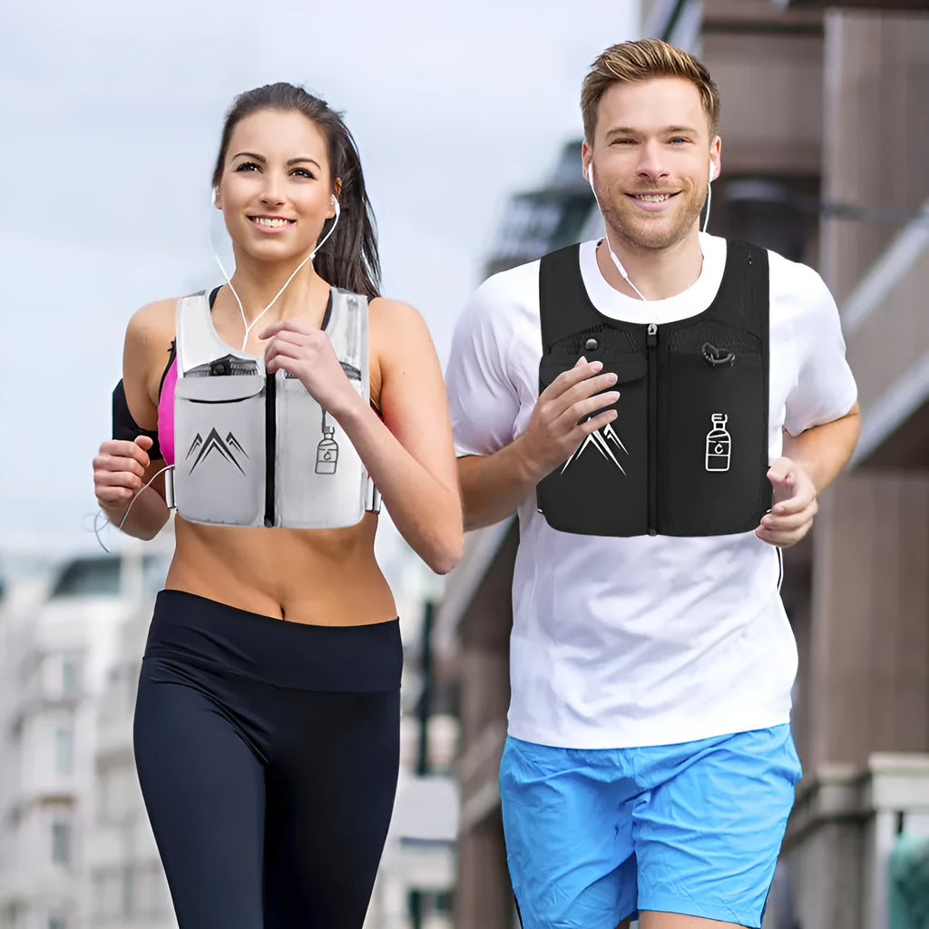 Classic black breathable mesh sports running vest with integrated mobile phone pocket on the front.