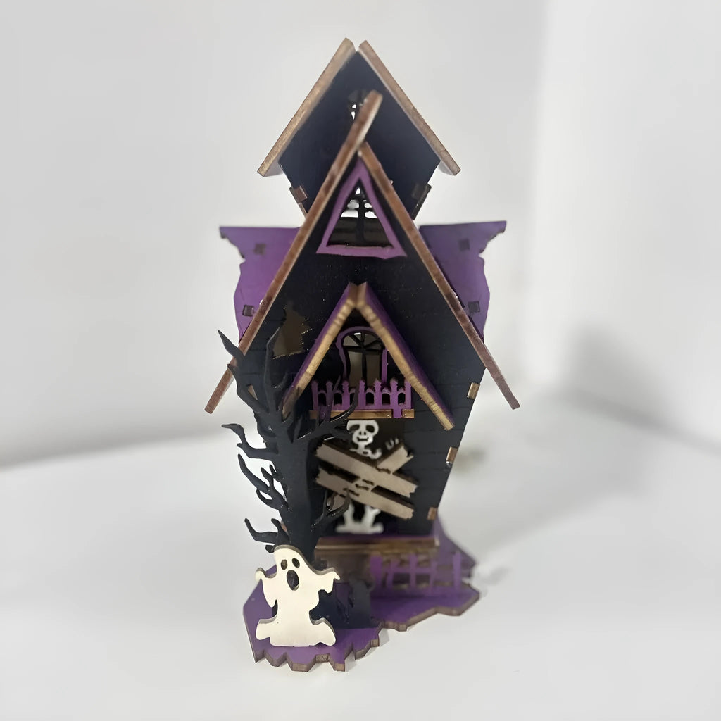 Wooden haunted house Halloween table decoration with glowing luminous effect, measures 14x10.5x19cm