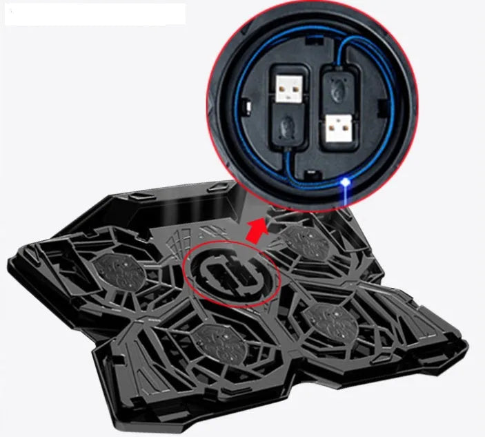 Laptop cooling base with four LED exhaust fans, USB ports, and control switches on blue or red background