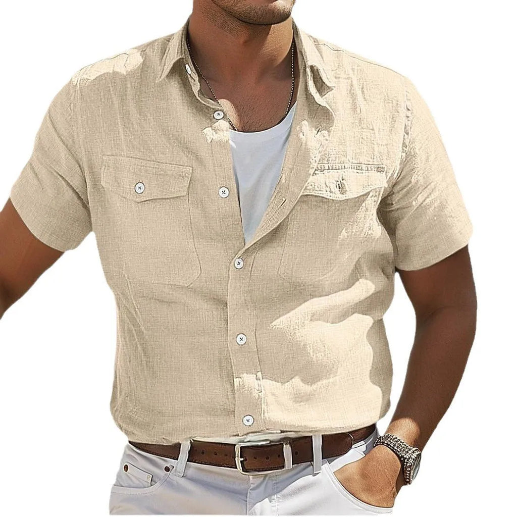 Men's solid colour linen summer shirt with polo collar and long sleeves, shown in apricot.