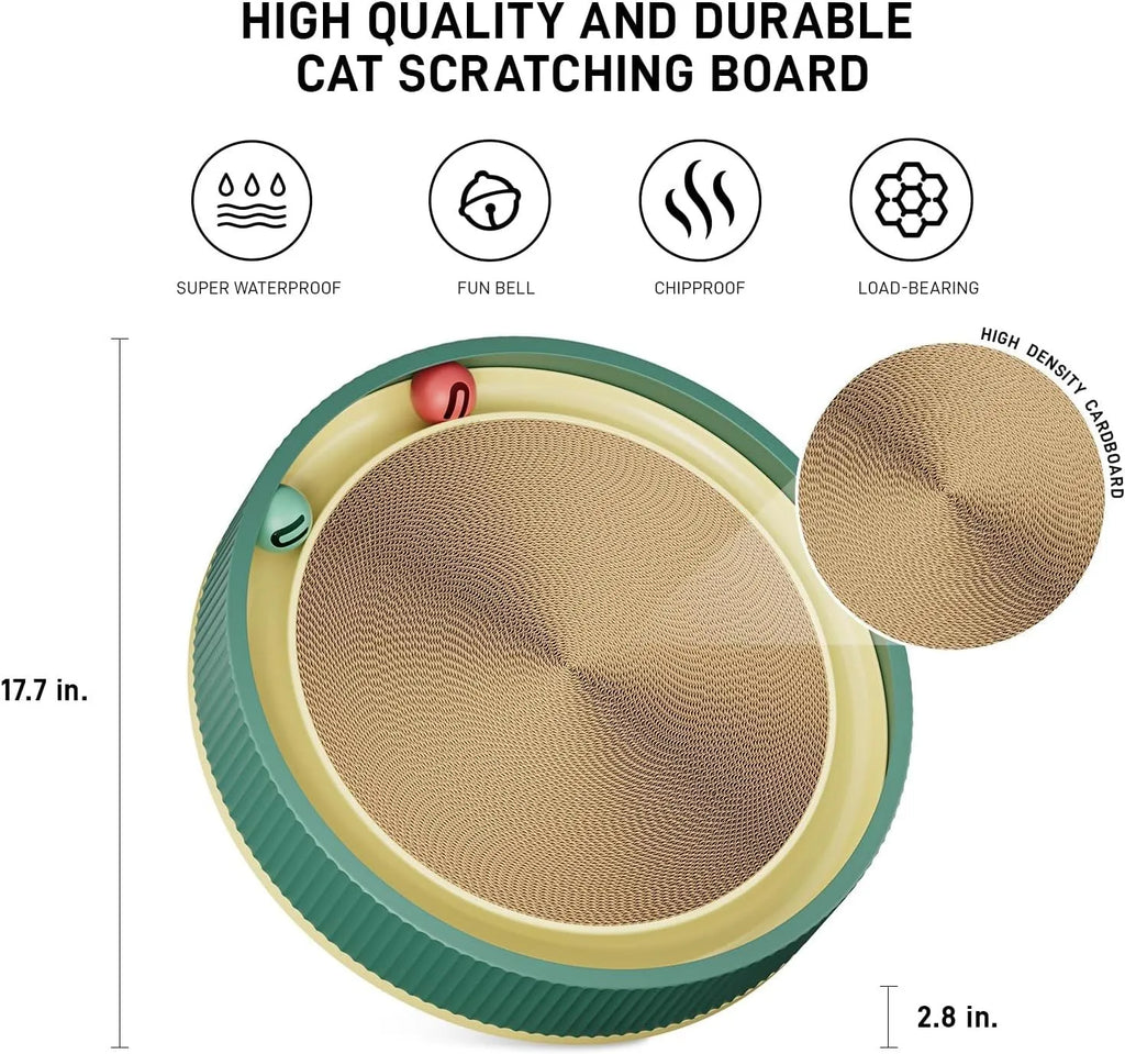 Large circular cat scratching board with built-in ball toys and replaceable cardboard core