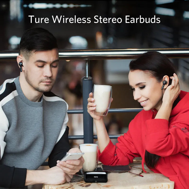 Black and white TWS wireless Bluetooth 5.0 headphones with IPX5 waterproof rating.