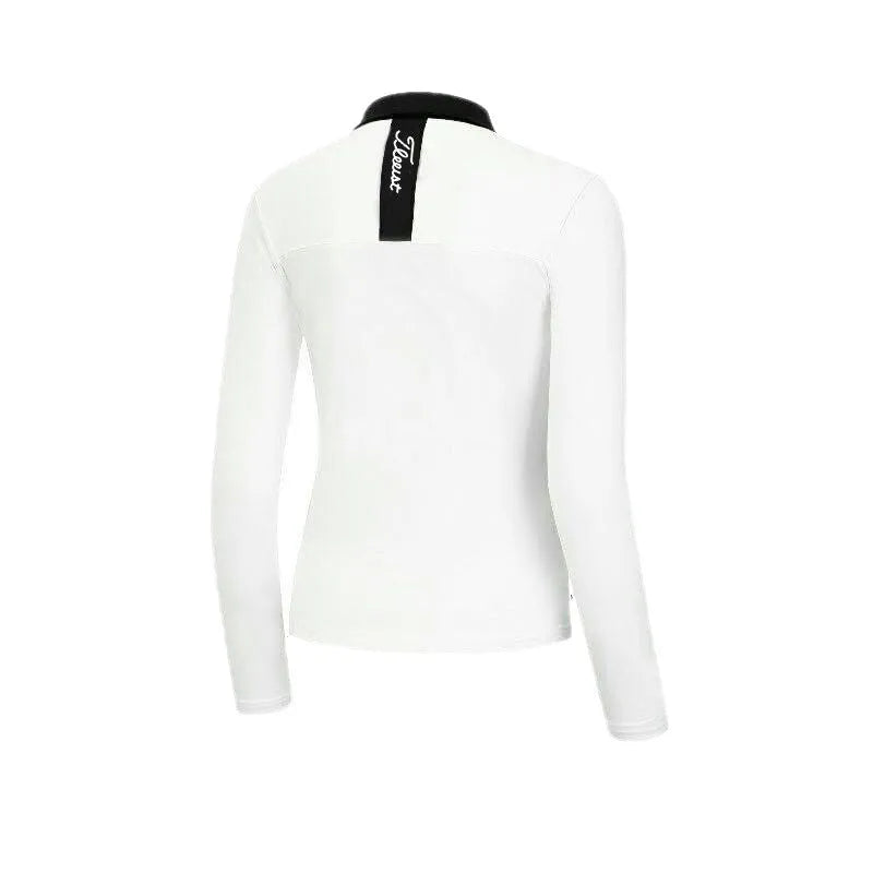 Women's long sleeve golf top in black with slim athletic fit for outdoor sports sun protection