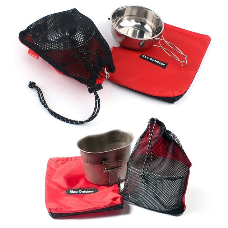 Set of five red outdoor travel storage bags with zippers made from Oxford cloth and mesh