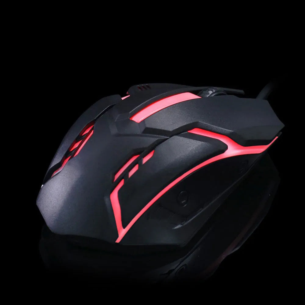 Black wired computer mouse with colourful side glow lighting and USB cable