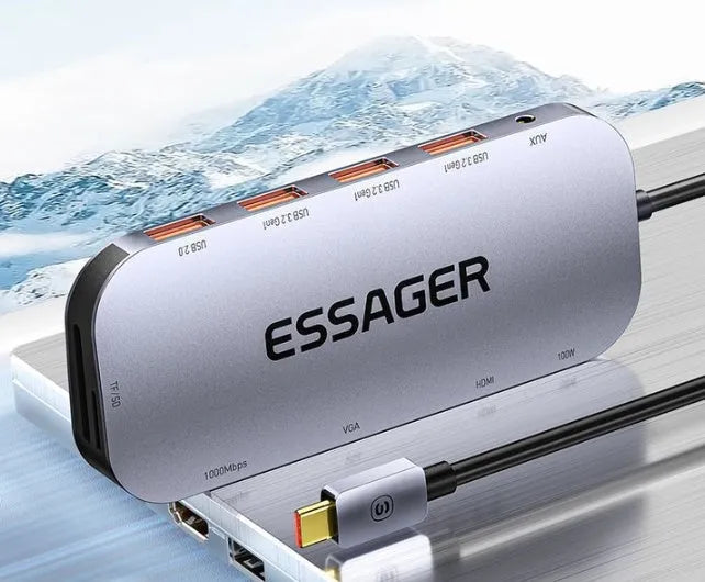 11-in-1 USB-C expansion dock with attached 20cm cable and gigabit ethernet port on a desk