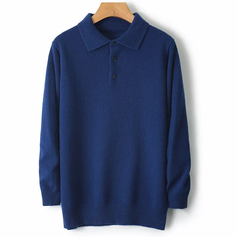 Men's polo collar woolen pullover sweater in noble blue with long sleeves and textured stitching