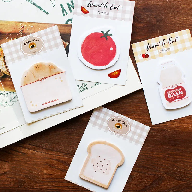Food Bread themed A6 notepad with back card, open to show 80g paper and one of four colour designs.