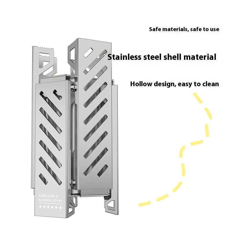 Black hexagon alcohol camping stove with foldable design shown next to ruler for scale