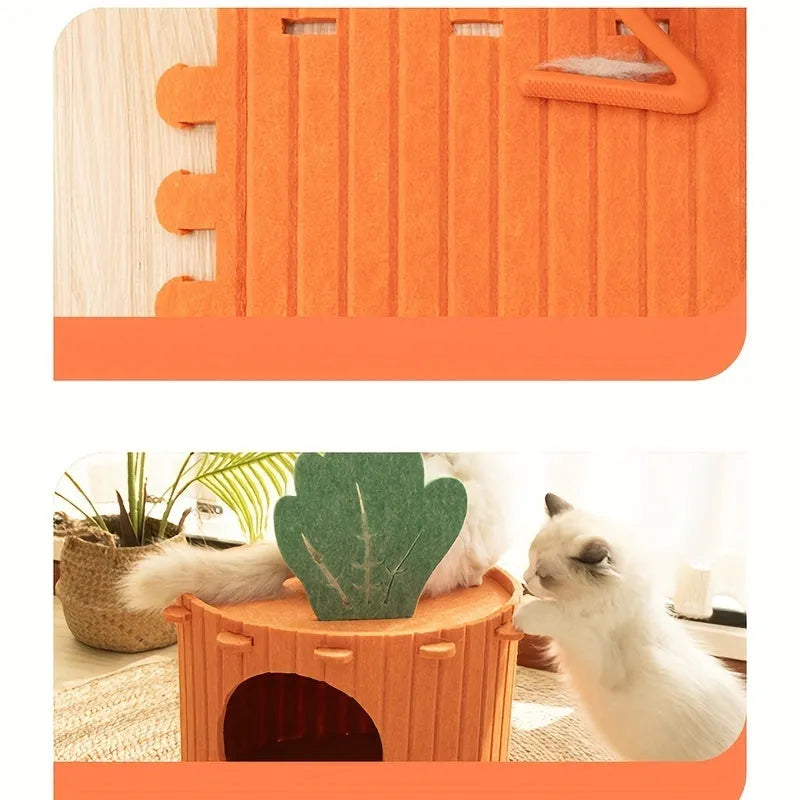 Carrot-shaped grey felt cat nest tunnel for cats, showing semi-enclosed design and drilled holes.