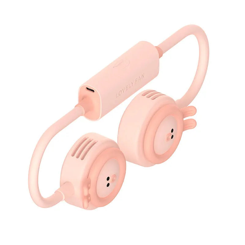 Pink leafless hanging neck fan showing wearable design and mechanical speed controls.