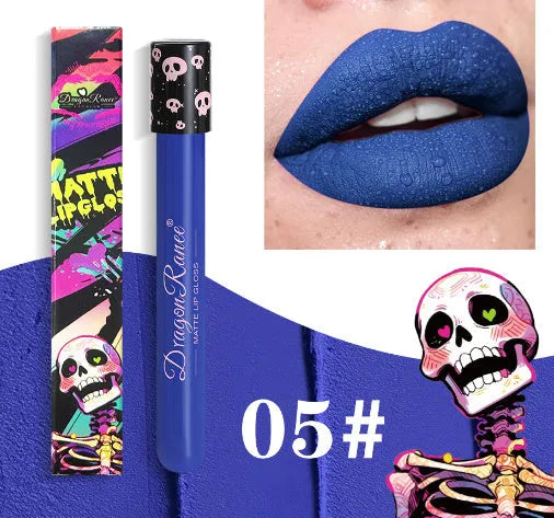 Halloween skull test tube lip gloss with matte gold and silver finish.
