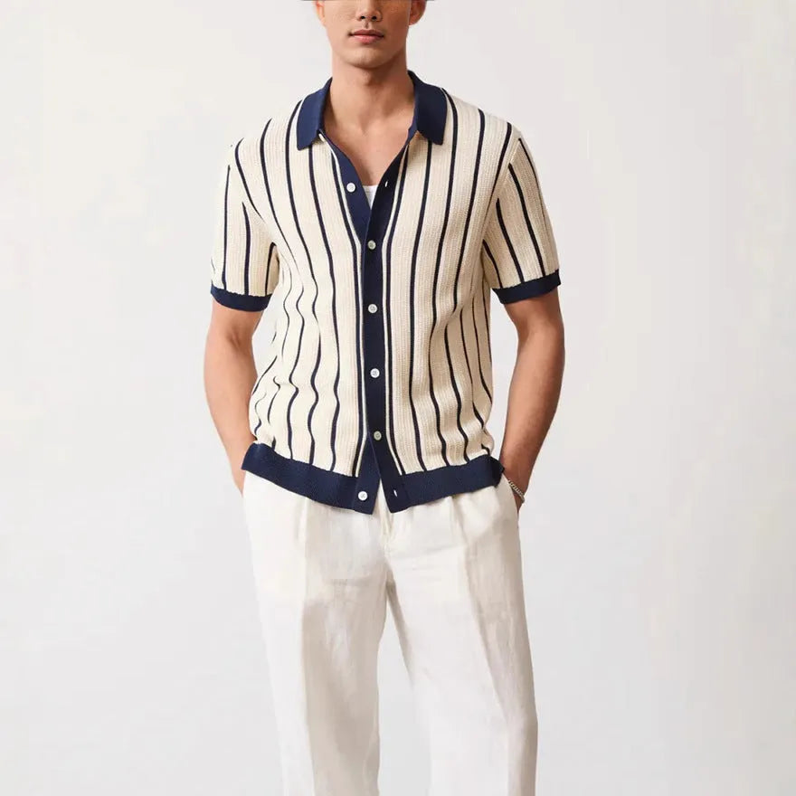 Men's white asymmetric striped knitted top with lapel collar and short sleeves