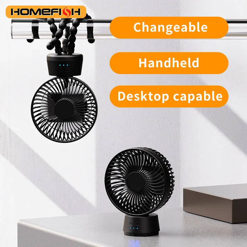 HOMEFISH F2 automatic shake head fan with LED light and removable bracket on a table.