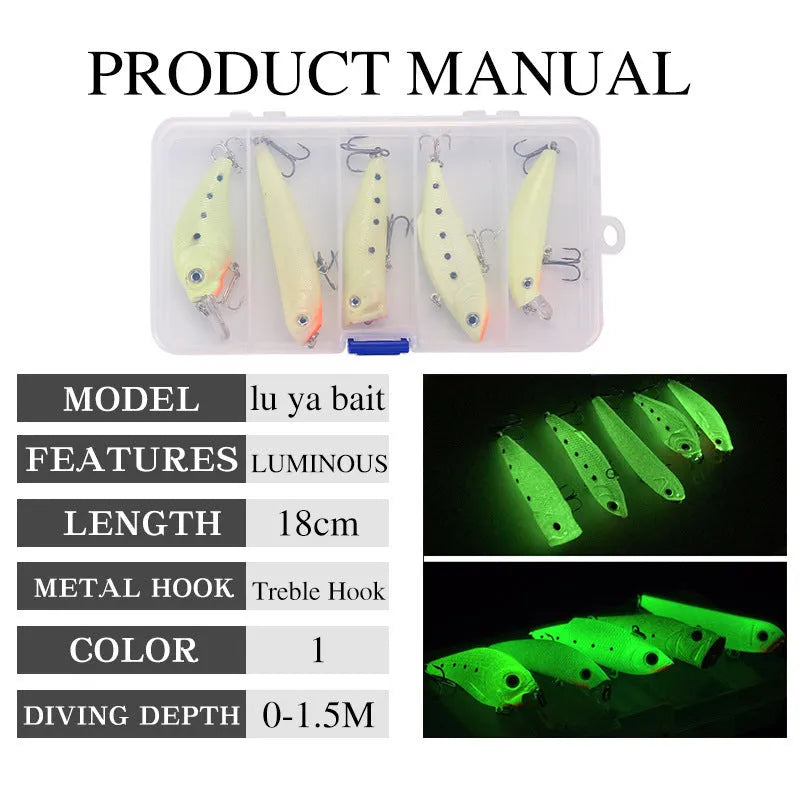 Five 3D fluorescent hard fishing lures with luminous design in multi-colour set