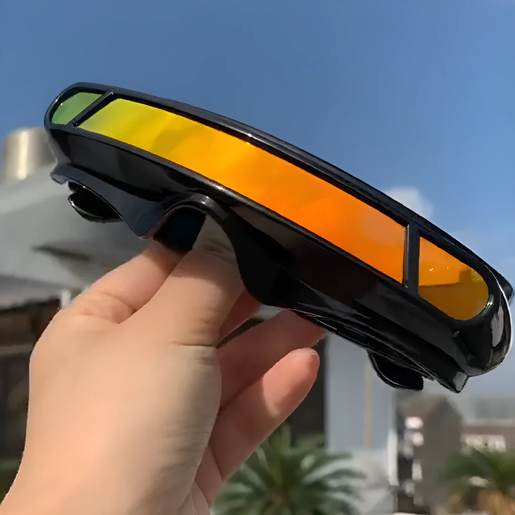 Polarised sports sunglasses with black PC full rim frame, shown with grey, red mercury, and blue mercury lens options.