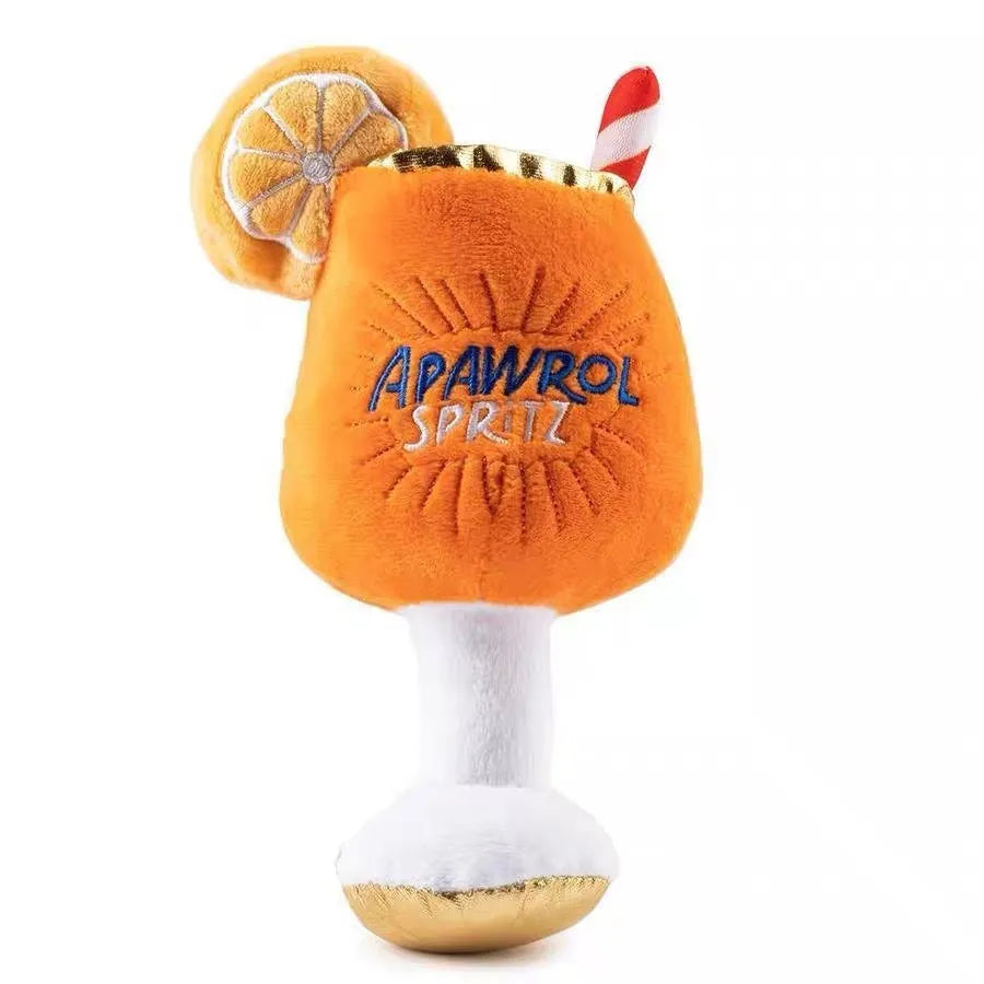 Yellow plush beer bottle cup dog toy with squeaker and teeth cleaning feature