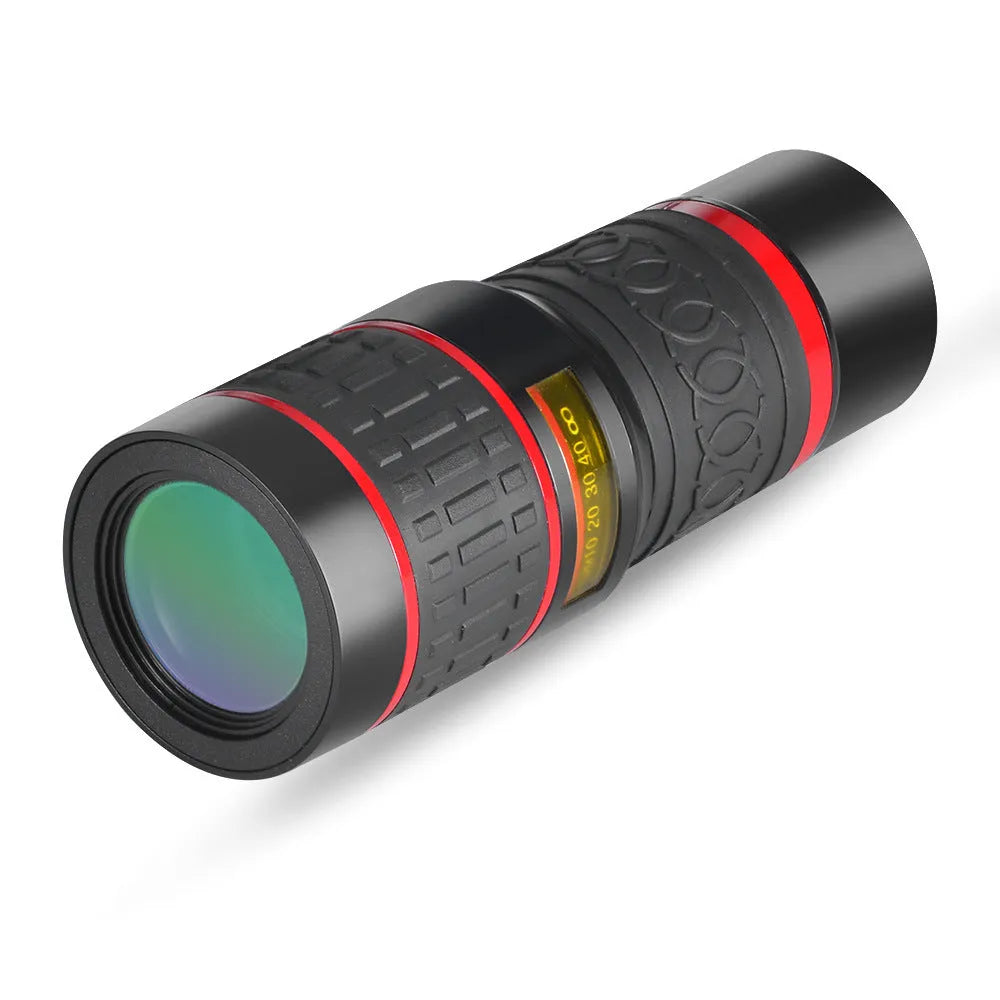 20x mobile phone telescope lens with plastic body, universal mounting clip, and single eye mask accessory