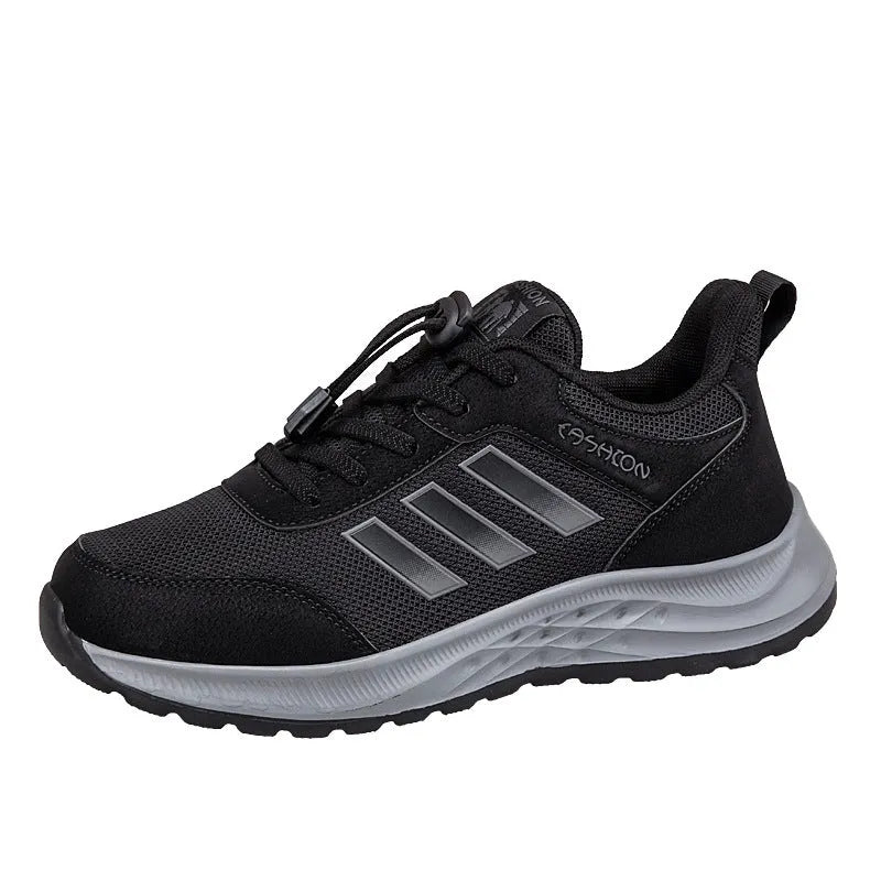 Men's and women's casual slip-on sneakers with mesh upper and elastic band in black, dark grey, purple, and purplish red.