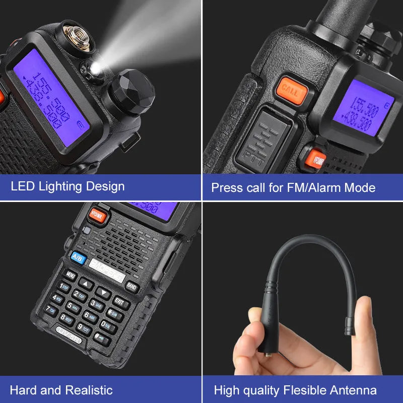 Black dual band walkie talkie with antenna showing LCD display and keypad
