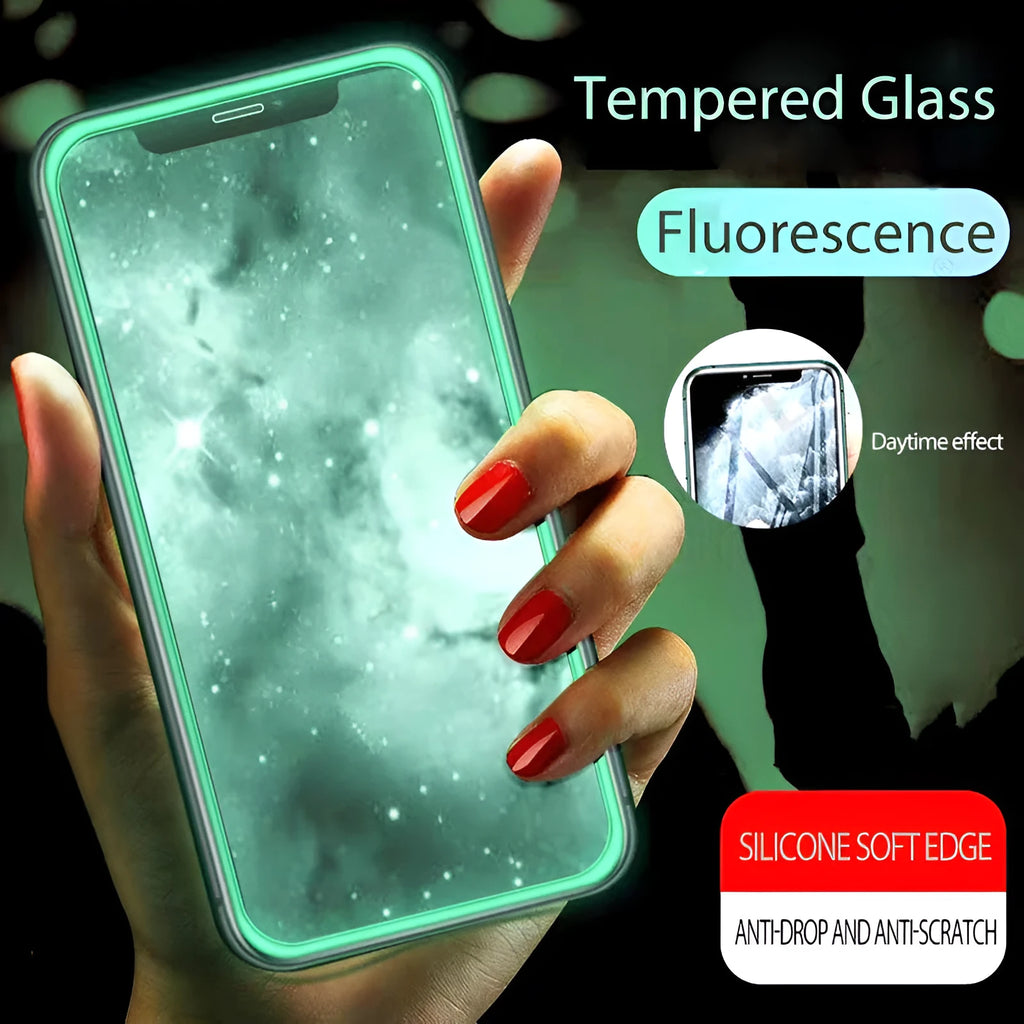 Luminous full cover tempered glass screen protector glowing green in the dark for iPhone.