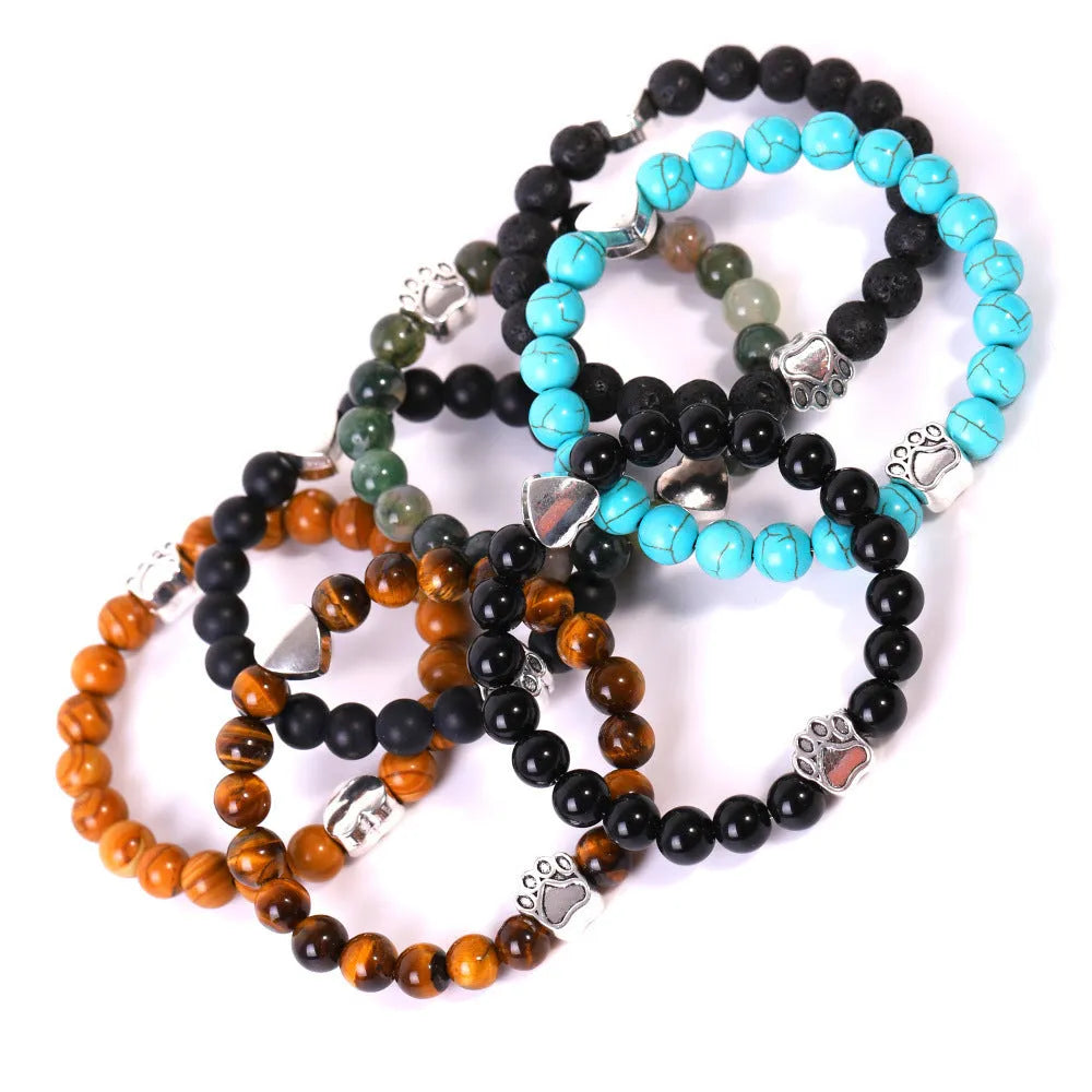 Tiger eye and Indian agate stone bracelet with a silver dog's paw charm and a small love heart on a beaded band.